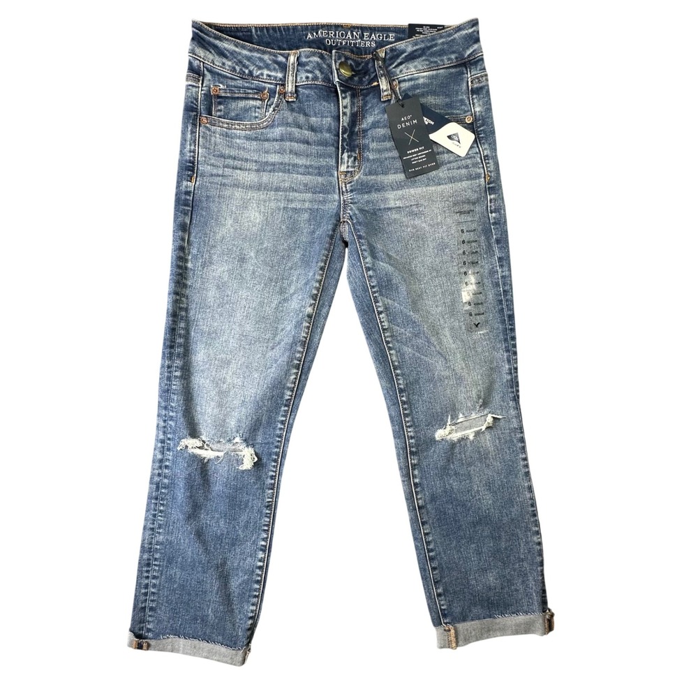 American Eagle Straight Crop Distressed Jeans Power Fit Blue Size 6 Regular